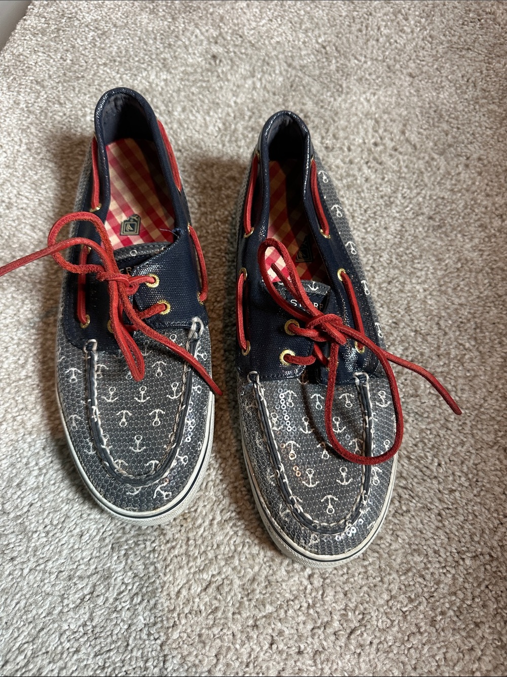 Sperry Navy Anchor Print Kids Boat Shoes with Red Laces